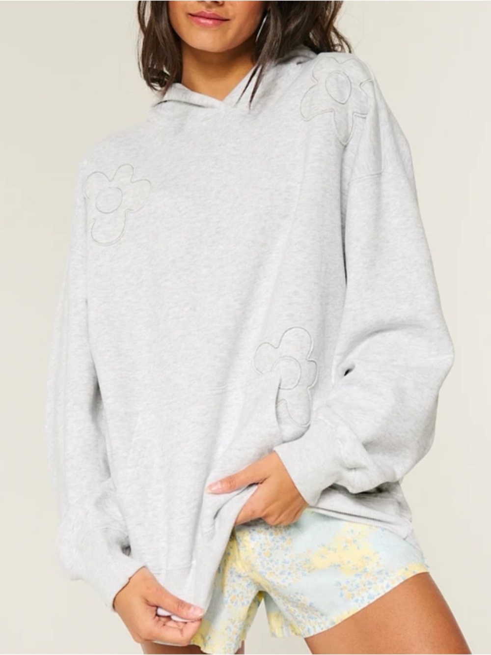 Hollister Light Heather Gray Floral Embroidered Hoodie XL